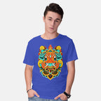 Model wearing royal blue Fire Monster – Anime Graphic T-Shirt