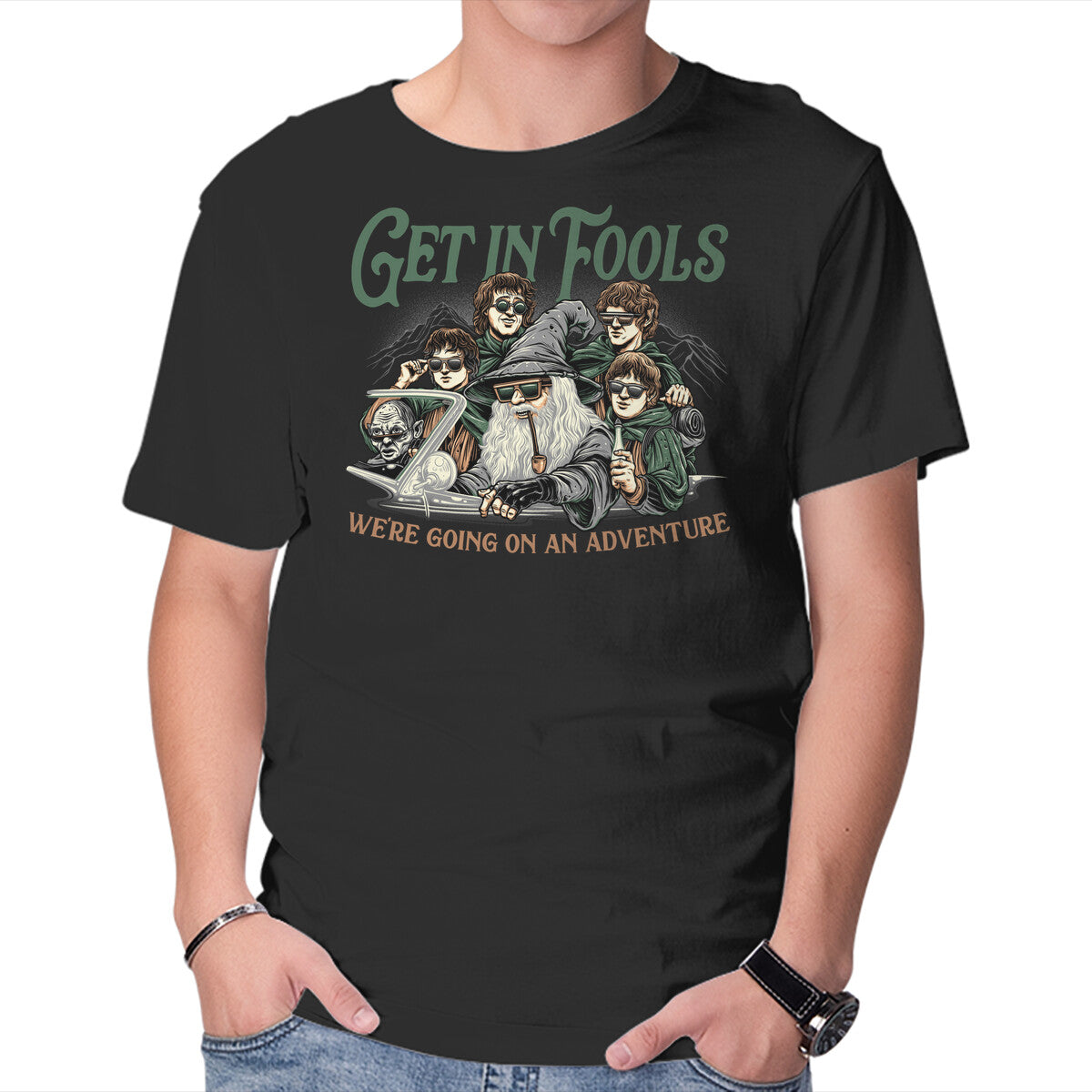 Get In Fools – Fantasy Graphic T-Shirt in black, product display