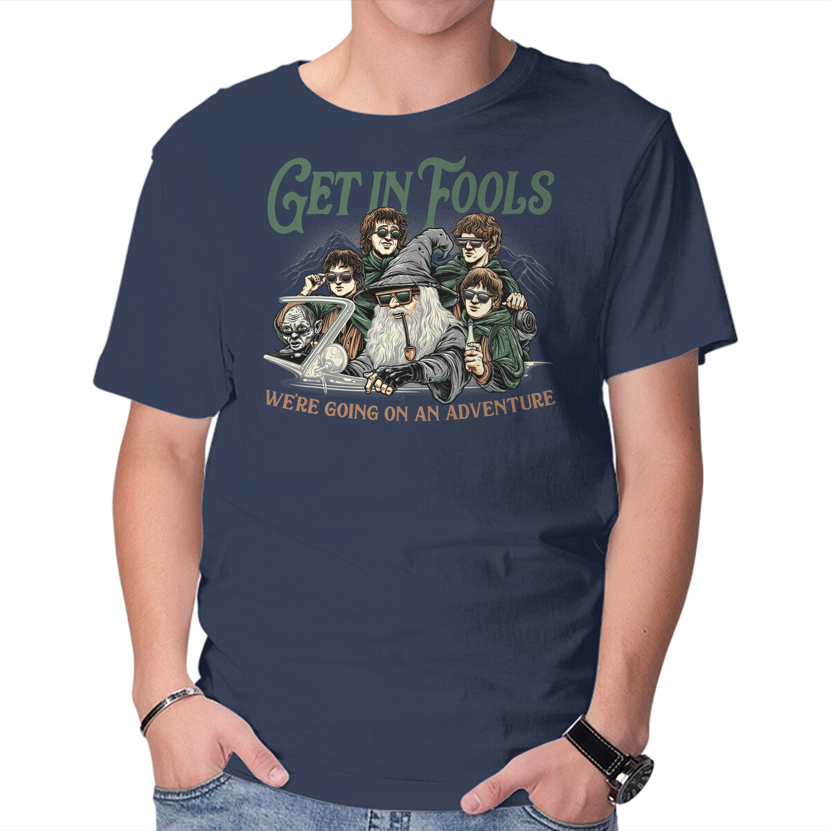 Get In Fools – Fantasy Graphic T-Shirt in navy, product display