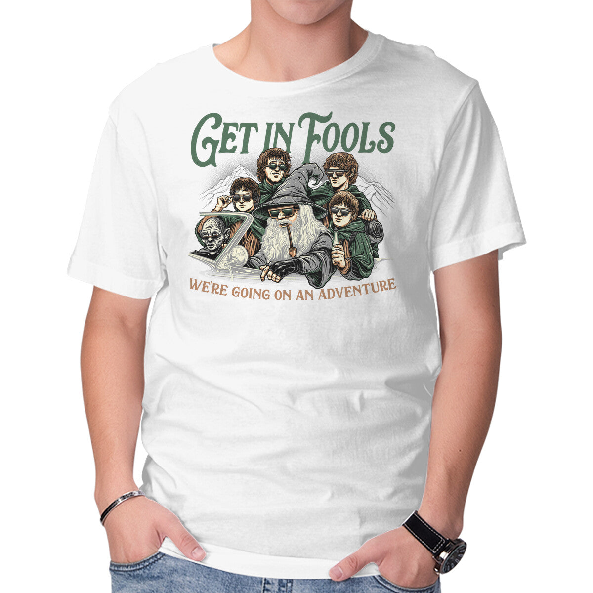 Get In Fools – Fantasy Graphic T-Shirt in white, product display