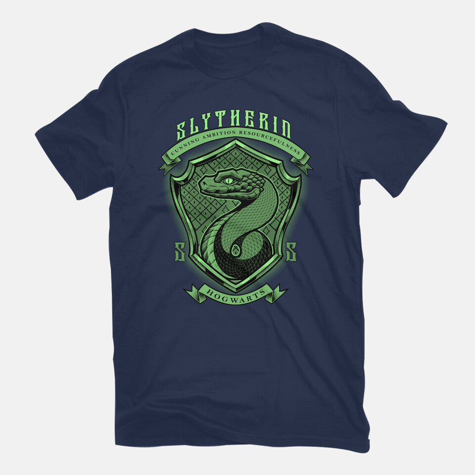 Green Snake Emblem – Fantasy Graphic T-Shirt in navy, flat-lay product view