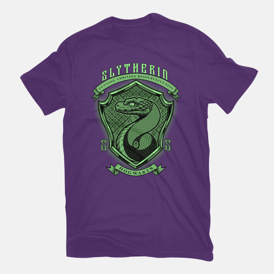Green Snake Emblem – Fantasy Graphic T-Shirt in purple, flat-lay product view