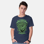 Model wearing navy Green Snake Emblem – Fantasy Graphic T-Shirt