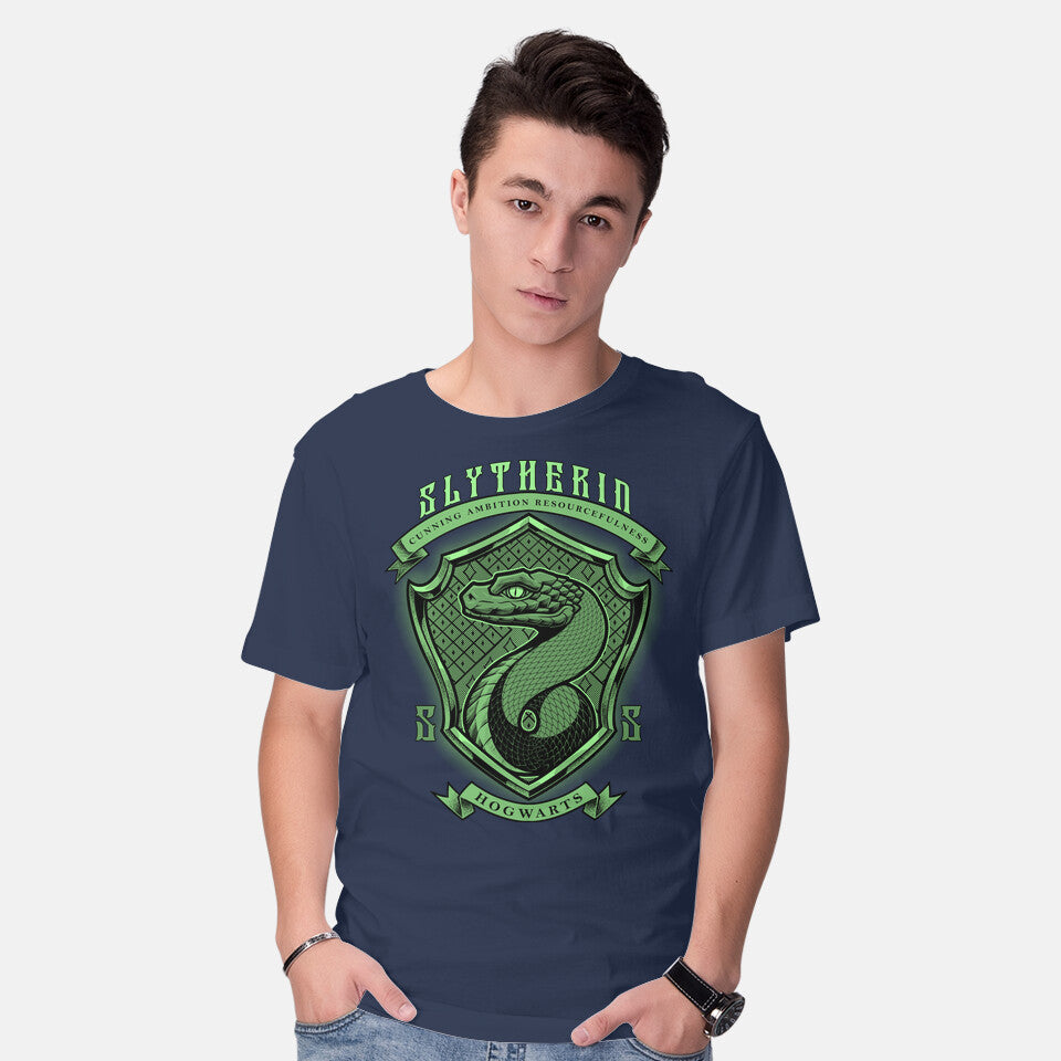 Model wearing navy Green Snake Emblem – Fantasy Graphic T-Shirt