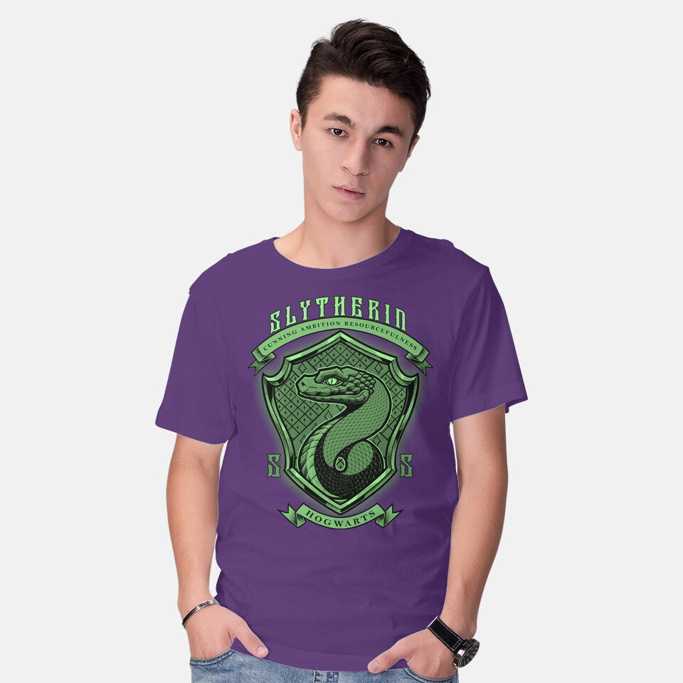 Model wearing purple Green Snake Emblem – Fantasy Graphic T-Shirt