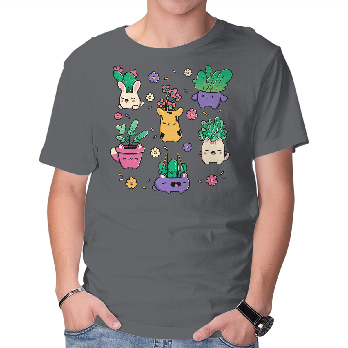 Happy Plants Kawaii Graphic T-Shirt in charcoal, product display