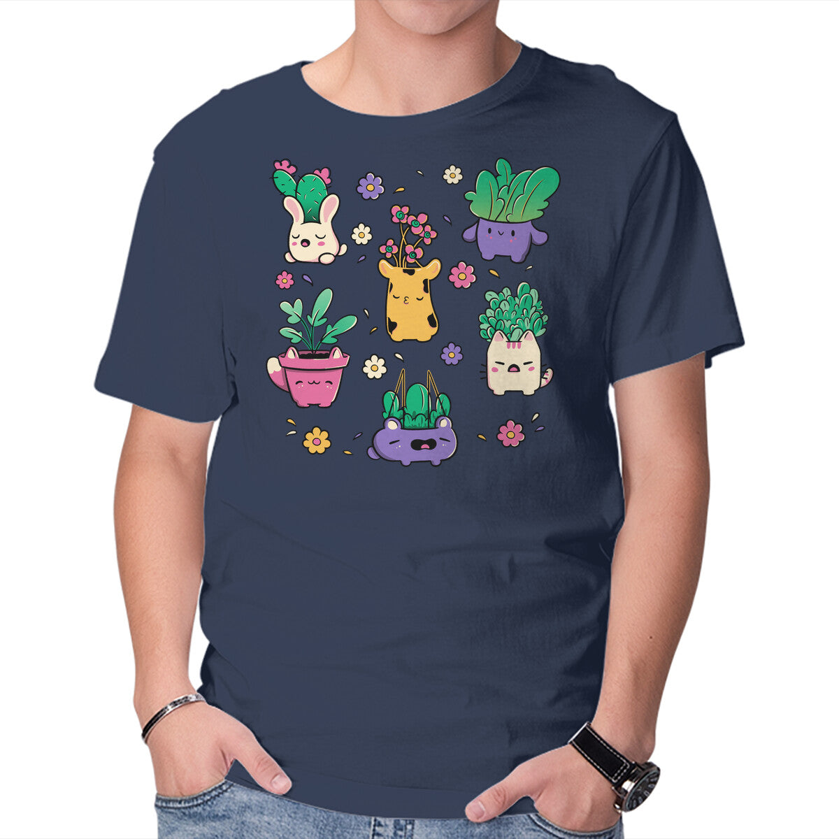 Happy Plants Kawaii Graphic T-Shirt in navy, product display