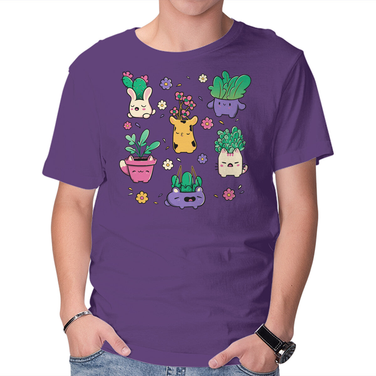Happy Plants Kawaii Graphic T-Shirt in purple, product display