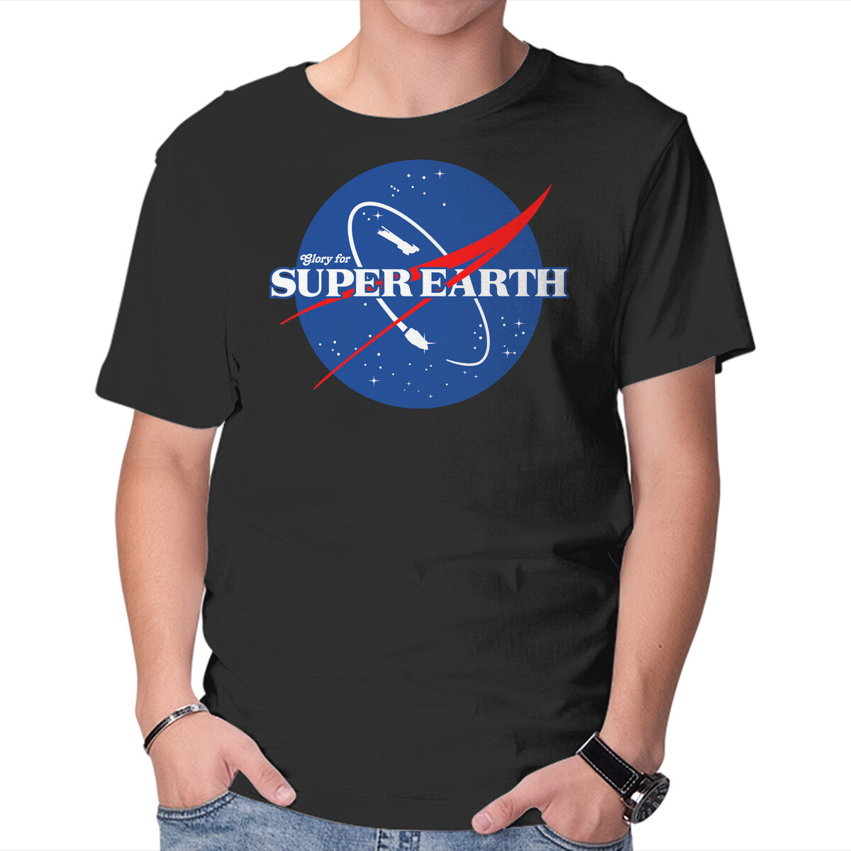 Glory For Super Earth – Gaming Graphic T-Shirt in black, product display