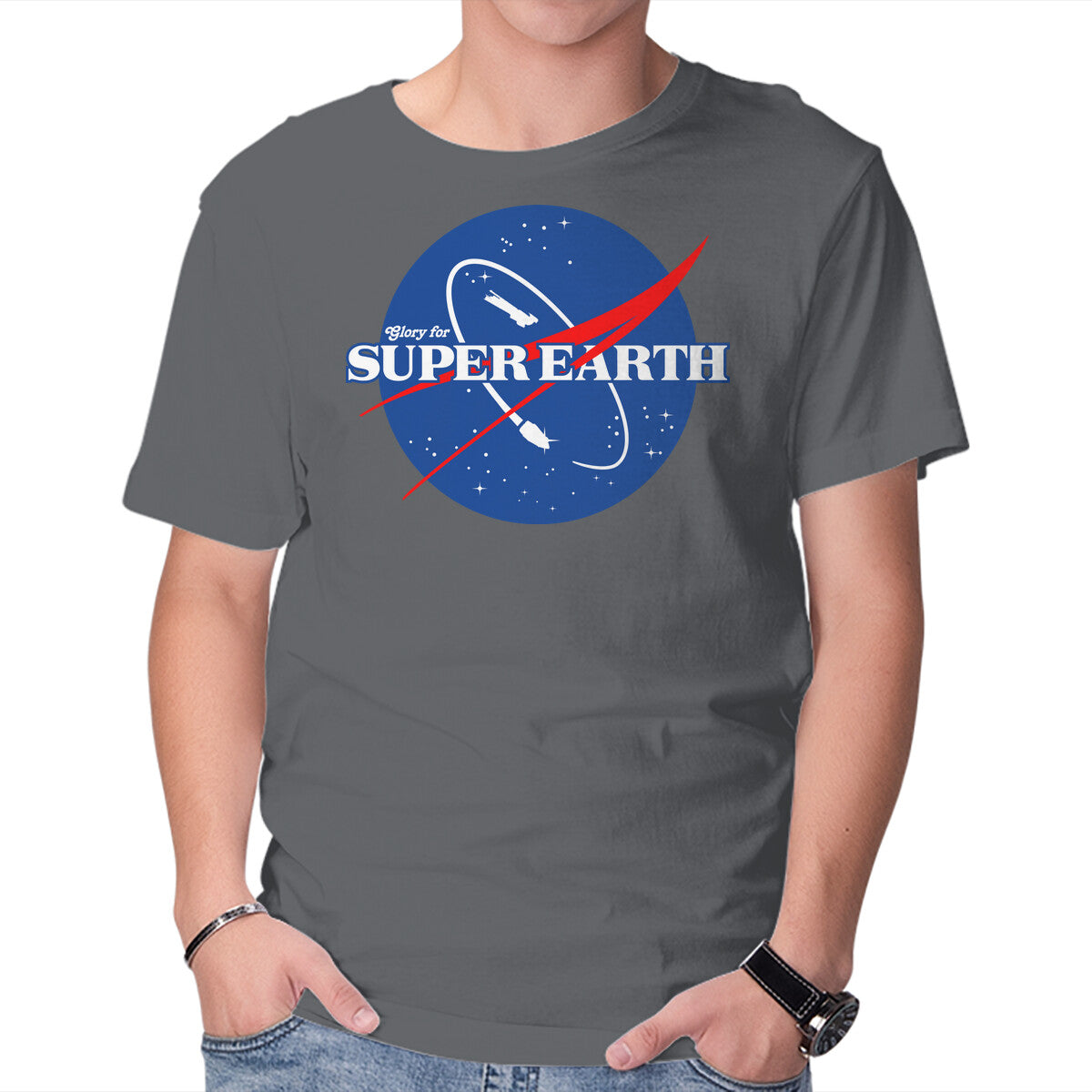 Glory For Super Earth – Gaming Graphic T-Shirt in charcoal, product display