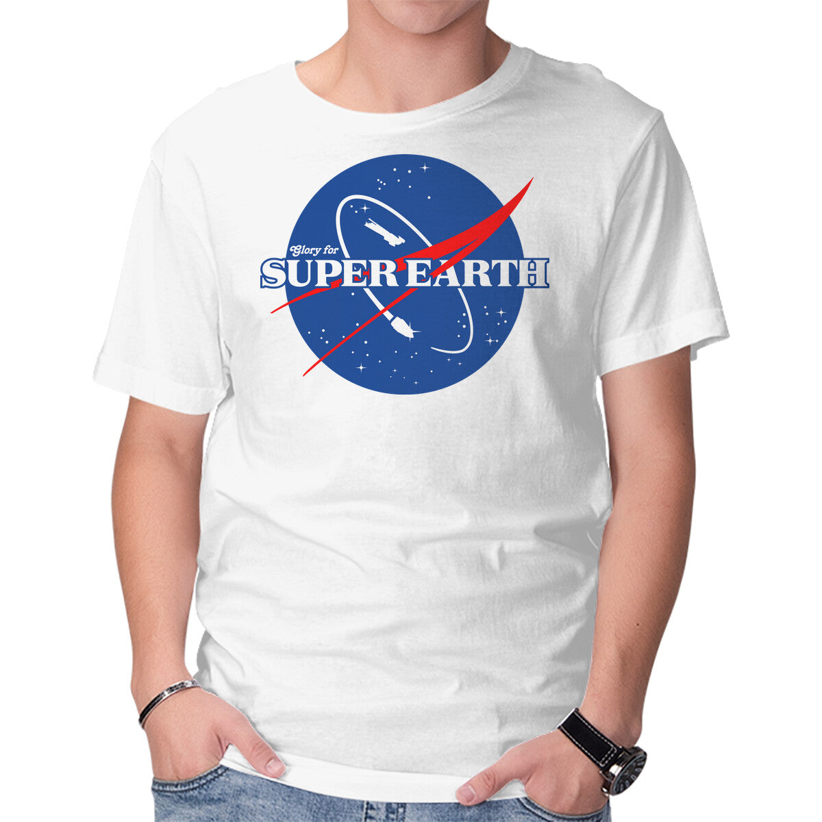 Glory For Super Earth – Gaming Graphic T-Shirt in white, product display