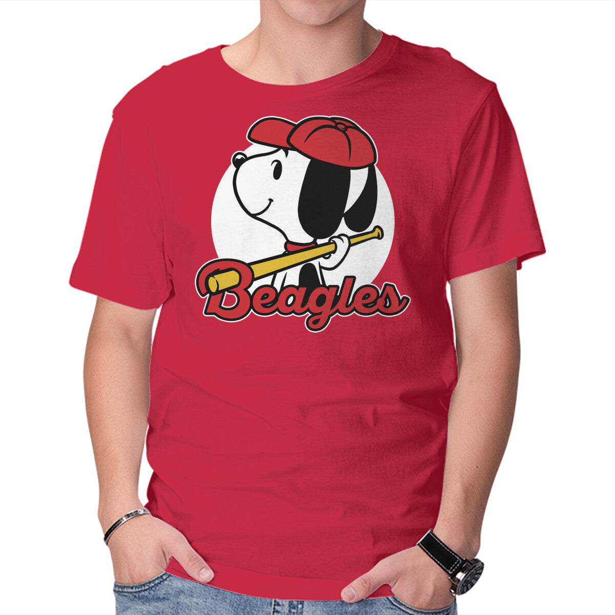 Comic Beagle Baseball – Dog Graphic T-Shirt in red, product display