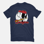 Comic Beagle Baseball – Dog Graphic T-Shirt in navy, flat-lay product view