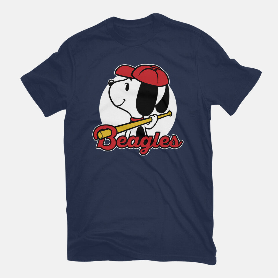 Comic Beagle Baseball – Dog Graphic T-Shirt in navy, flat-lay product view