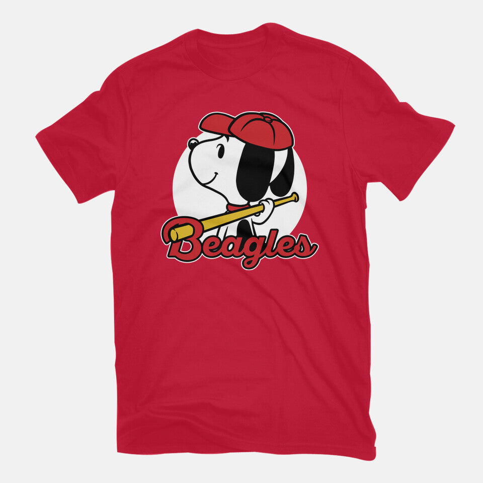Comic Beagle Baseball – Dog Graphic T-Shirt in red, flat-lay product view