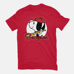 Comic Beagle Baseball – Dog Graphic T-Shirt in red, flat-lay product view