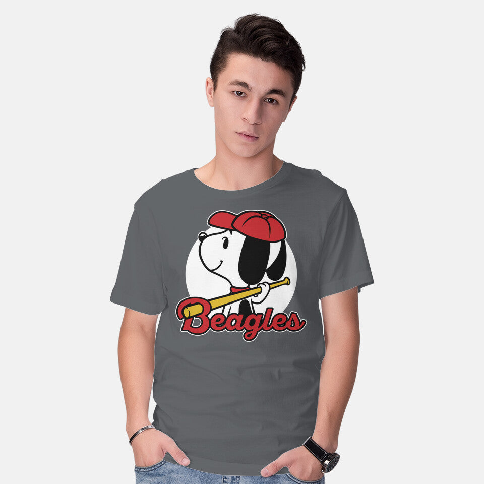 Model wearing charcoal Comic Beagle Baseball – Dog Graphic T-Shirt