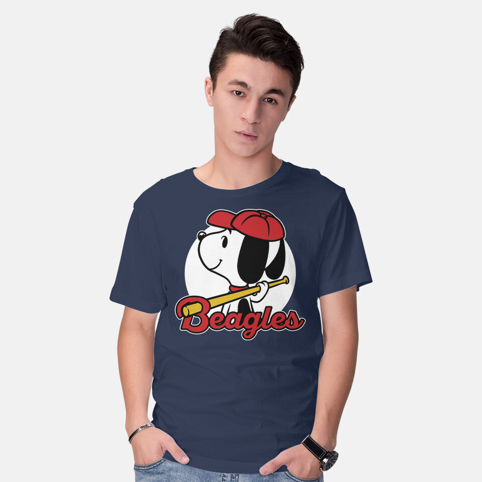 Model wearing navy Comic Beagle Baseball – Dog Graphic T-Shirt