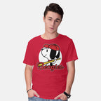 Model wearing red Comic Beagle Baseball – Dog Graphic T-Shirt