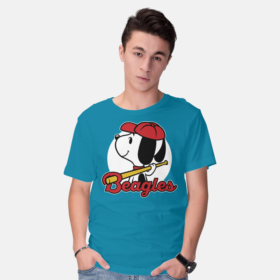 Model wearing turquoise Comic Beagle Baseball – Dog Graphic T-Shirt