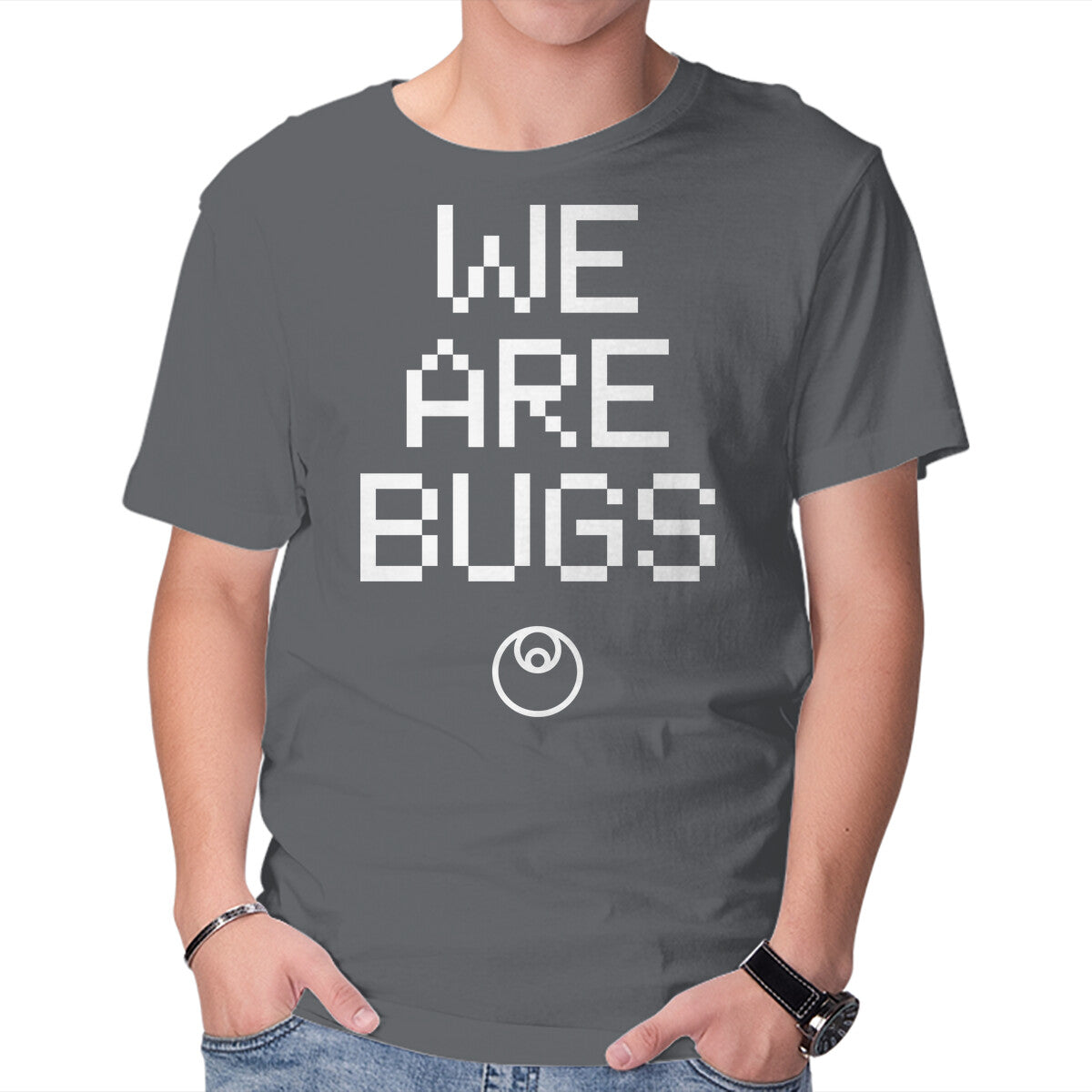 We Are Bugs – Sci-Fi Graphic T-Shirt in charcoal, product display