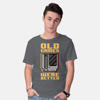 Model wearing charcoal Old Games – Gaming Graphic T-Shirt