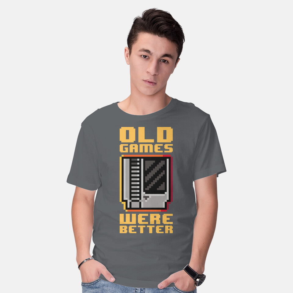 Model wearing charcoal Old Games – Gaming Graphic T-Shirt