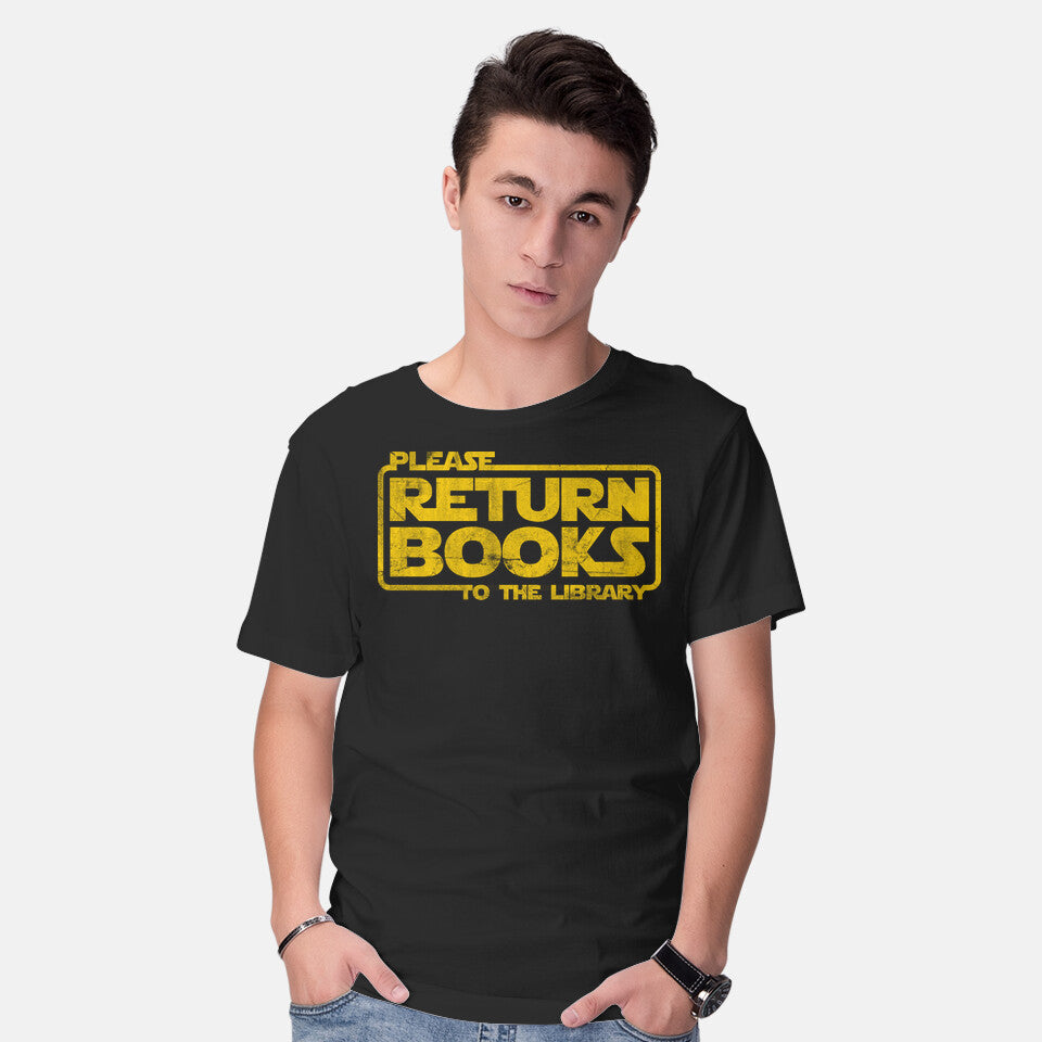 Model wearing black The Return Of The Books – Sci-Fi Graphic T-Shirt