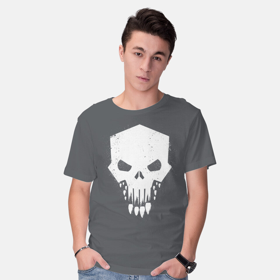 Model wearing charcoal Helldivers Punisher – Gaming Graphic T-Shirt
