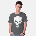 Model wearing charcoal Helldivers Punisher – Gaming Graphic T-Shirt