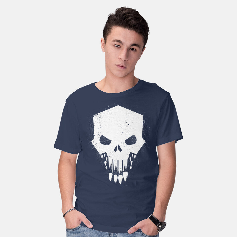 Model wearing navy Helldivers Punisher – Gaming Graphic T-Shirt