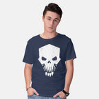 Model wearing navy Helldivers Punisher – Gaming Graphic T-Shirt