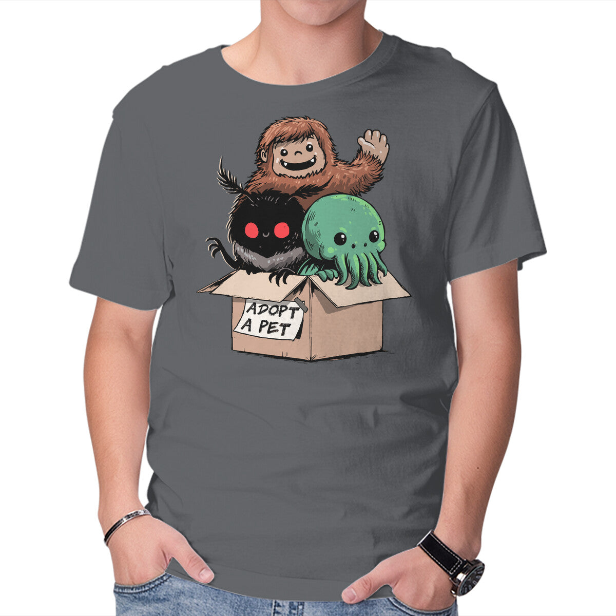 Adopt A Pet – Horror Graphic T-Shirt in charcoal, product display
