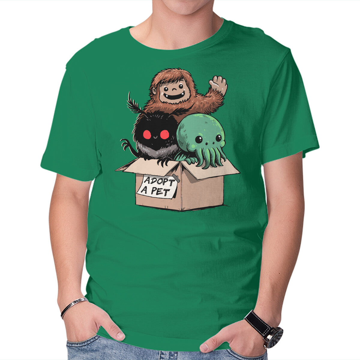Adopt A Pet – Horror Graphic T-Shirt in green, product display