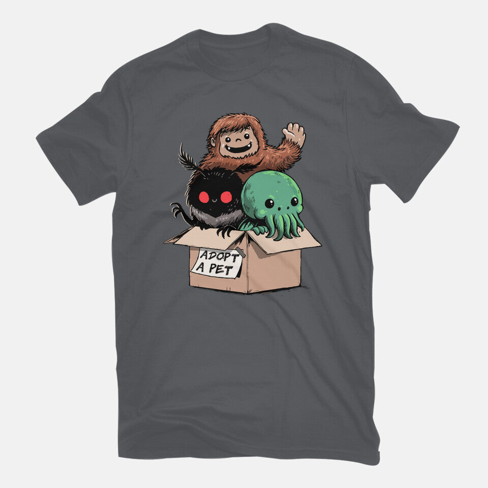 Adopt A Pet – Horror Graphic T-Shirt in charcoal, flat-lay product view