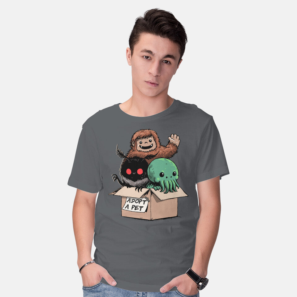 Model wearing charcoal Adopt A Pet – Horror Graphic T-Shirt