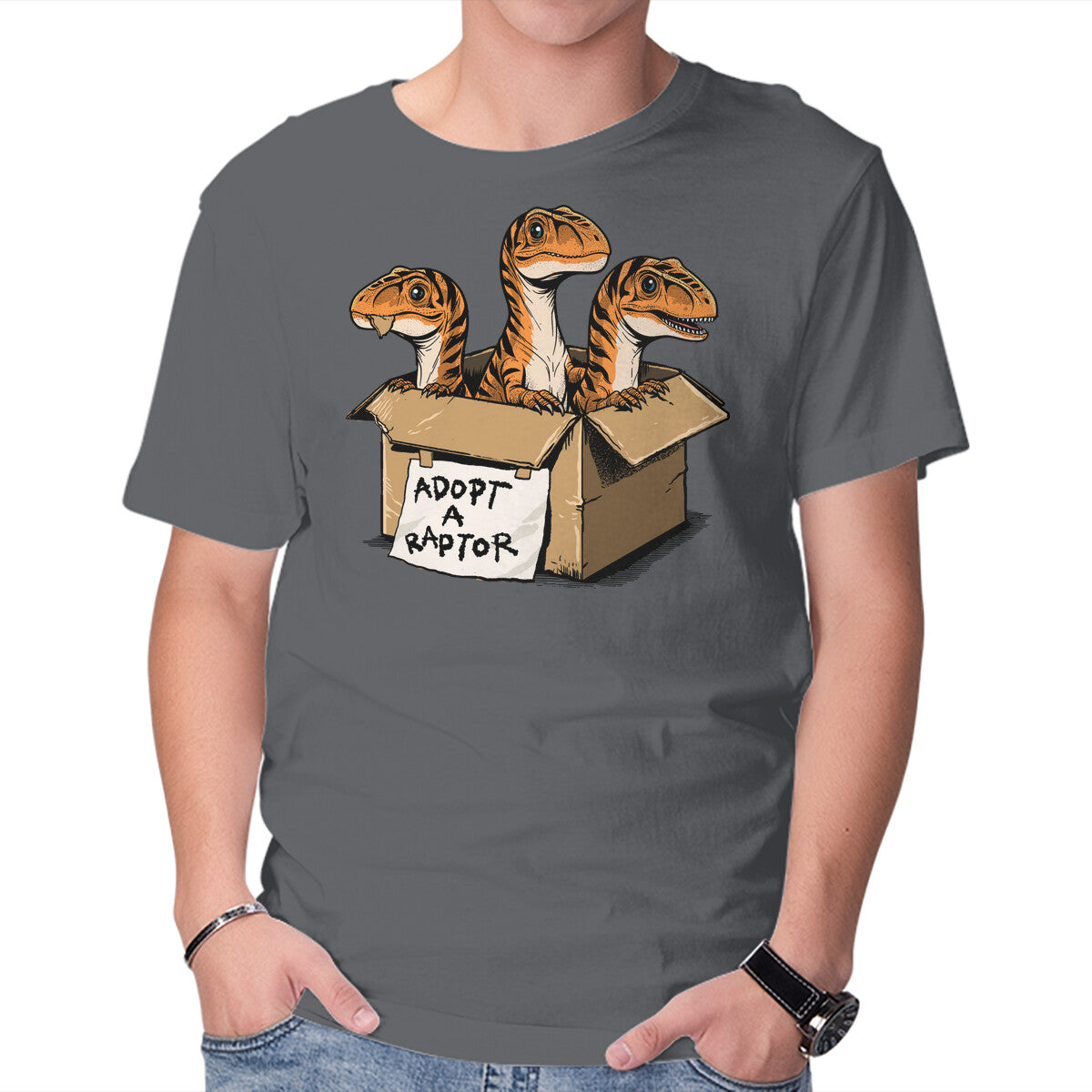 Prehistoric Adoption – Dinosaur Graphic T-Shirt in charcoal, product display
