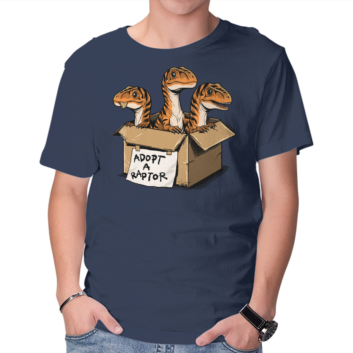 Prehistoric Adoption – Dinosaur Graphic T-Shirt in navy, product display