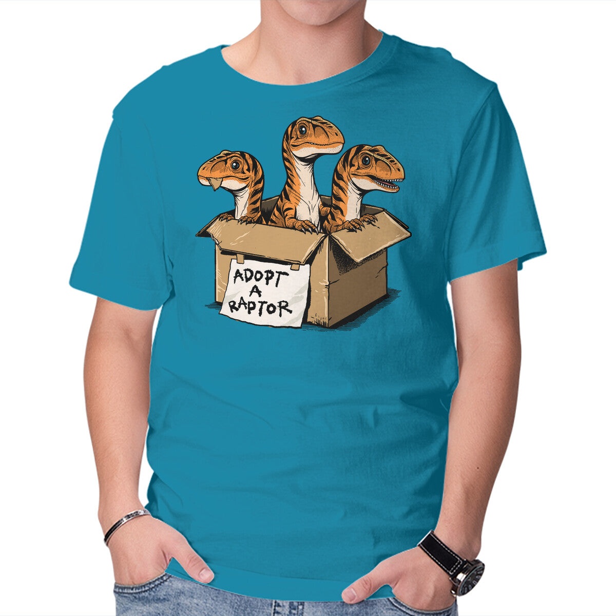 Prehistoric Adoption – Dinosaur Graphic T-Shirt in turquoise, product display