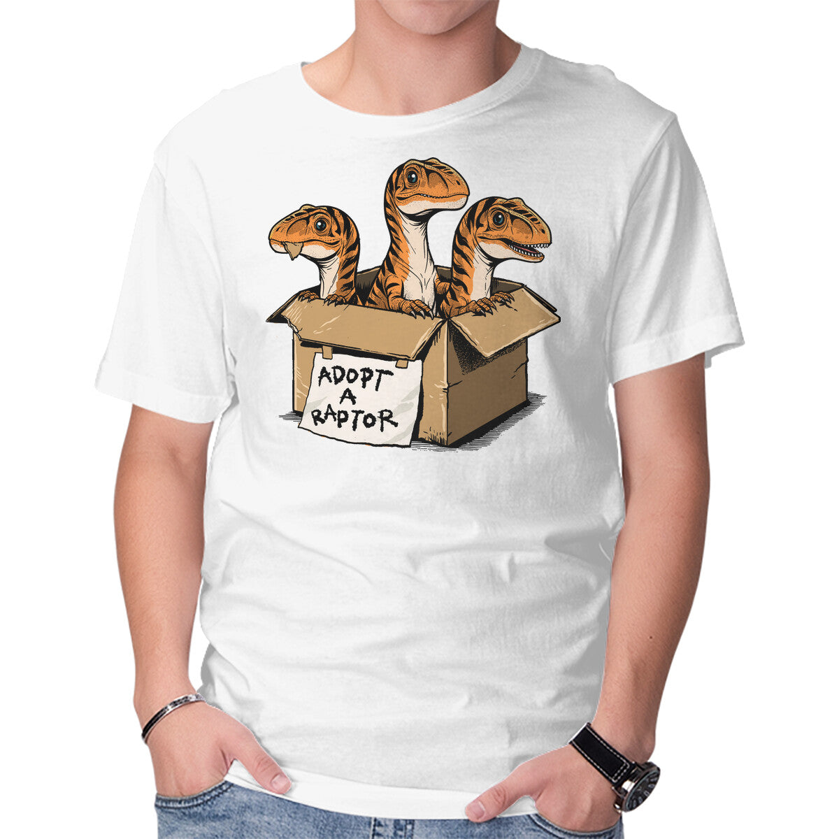 Prehistoric Adoption – Dinosaur Graphic T-Shirt in white, product display