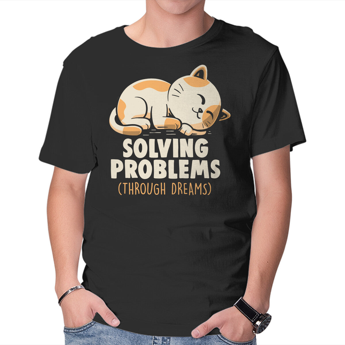 Solving Problems Through Dreams – Cat Graphic T-Shirt in black, product display