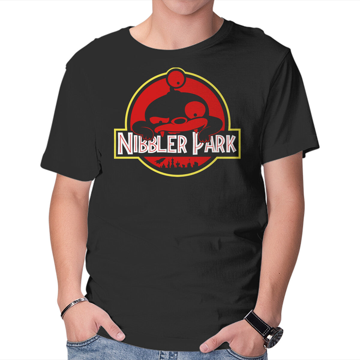 Nibbler Park – Sci-Fi Graphic T-Shirt in black, product display
