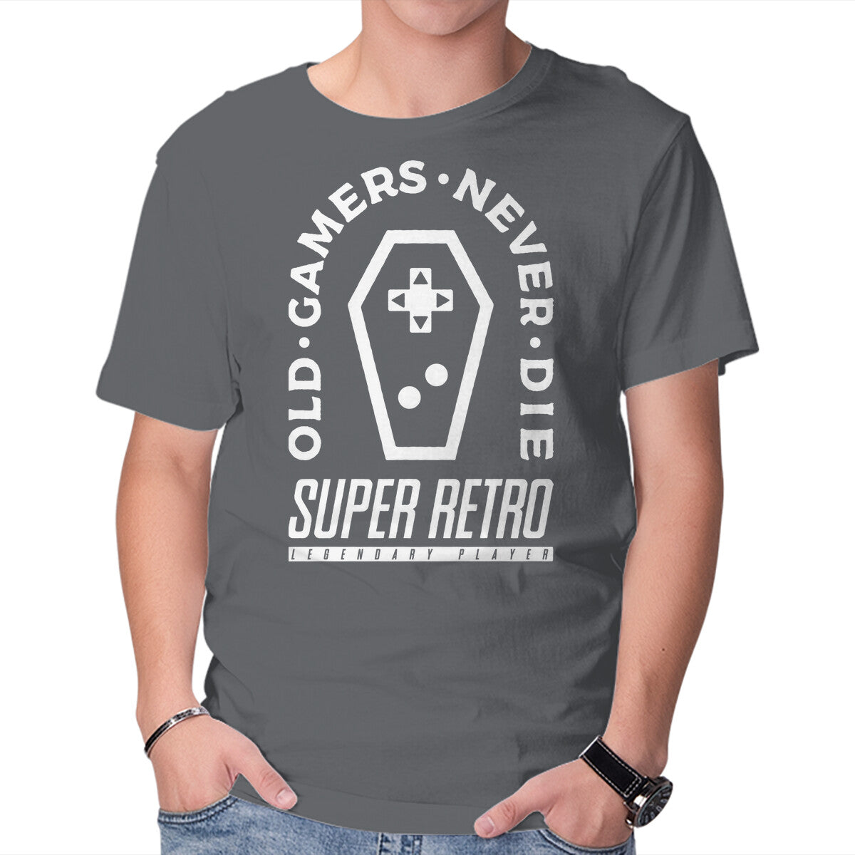 Old Gamers Never Die – Gaming Graphic T-Shirt in charcoal, product display