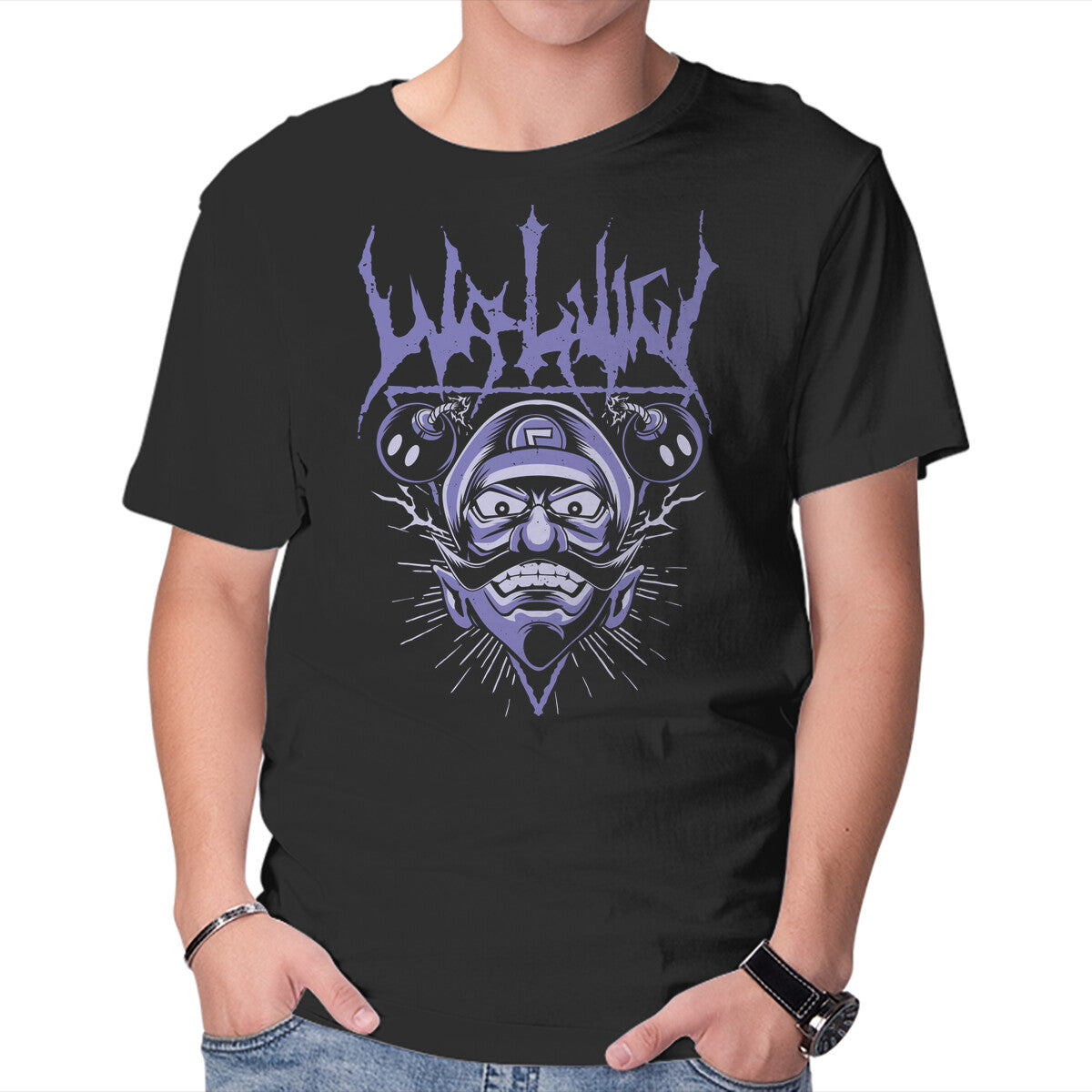 Waluigi Metal – Gaming Graphic T-Shirt in black, product display