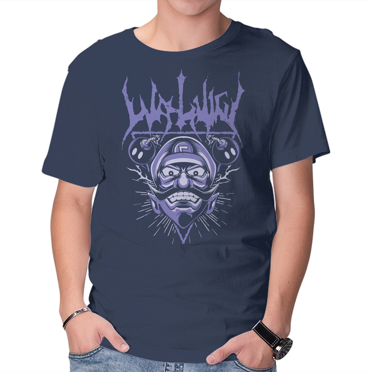 Waluigi Metal – Gaming Graphic T-Shirt in navy, product display