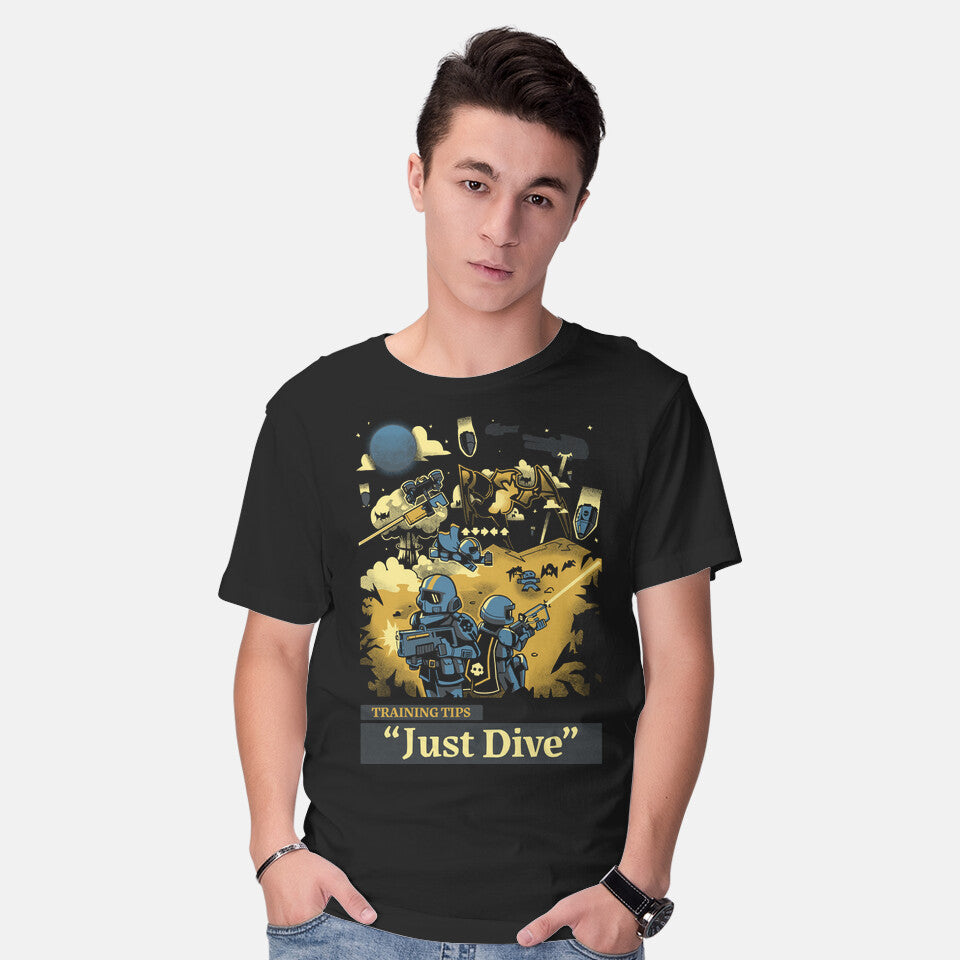 Model wearing black Training Tip Just Dive – Gaming Graphic T-Shirt