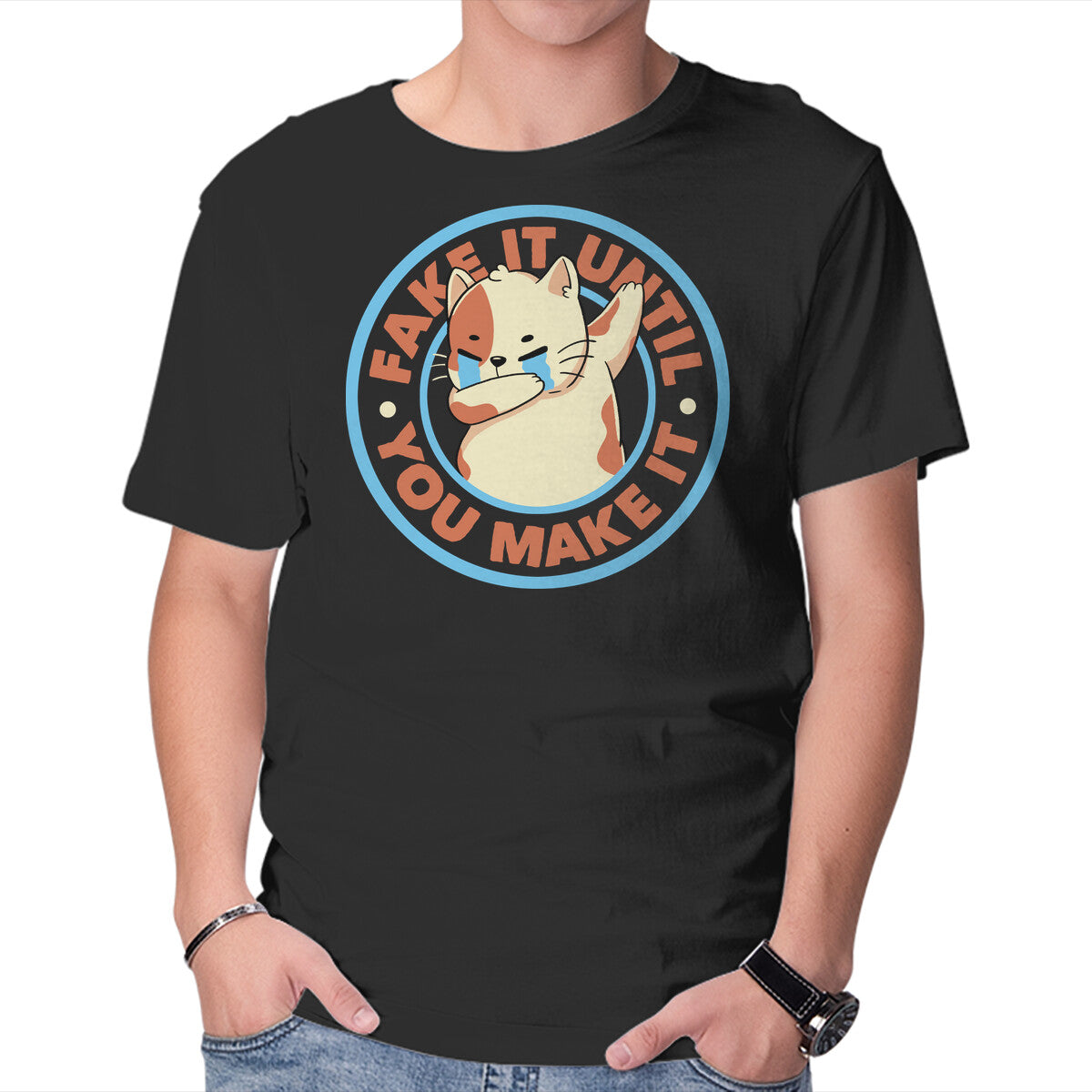Fake It Until You Make It – Cat Graphic T-Shirt in black, product display