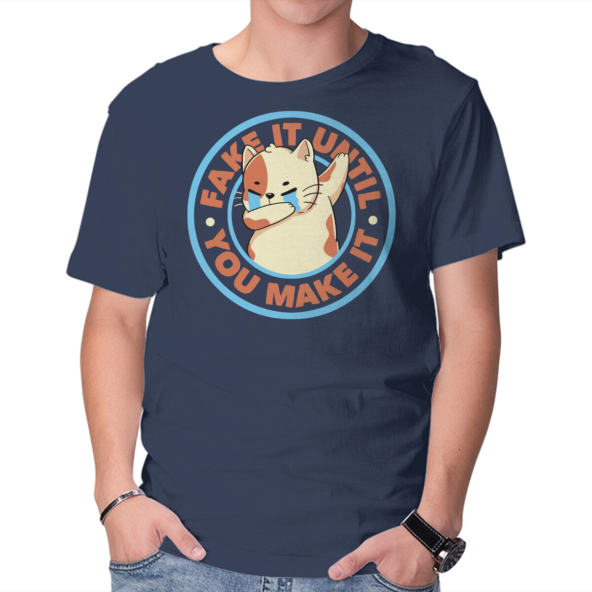 Fake It Until You Make It – Cat Graphic T-Shirt in navy, product display