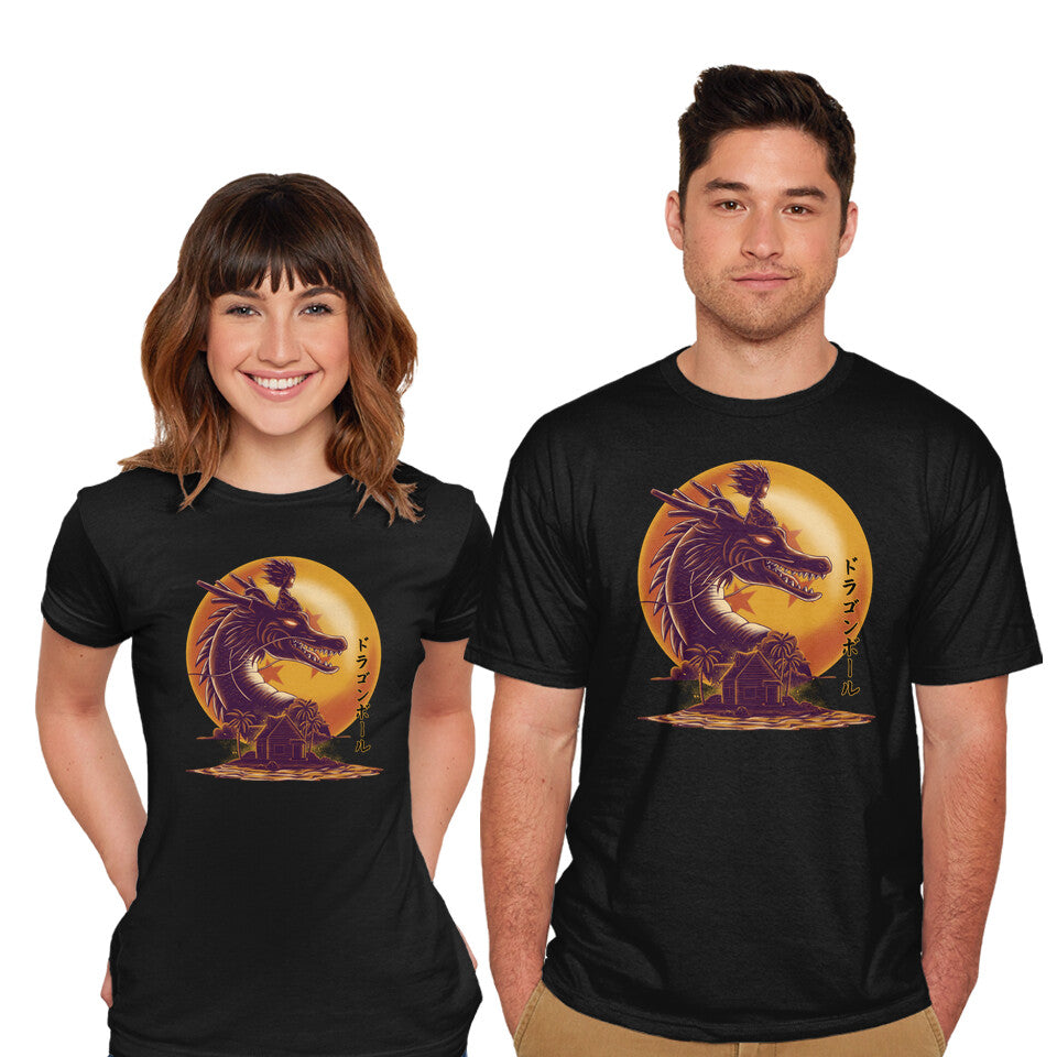 Model wearing black Dragon Ride – Anime Graphic T-Shirt