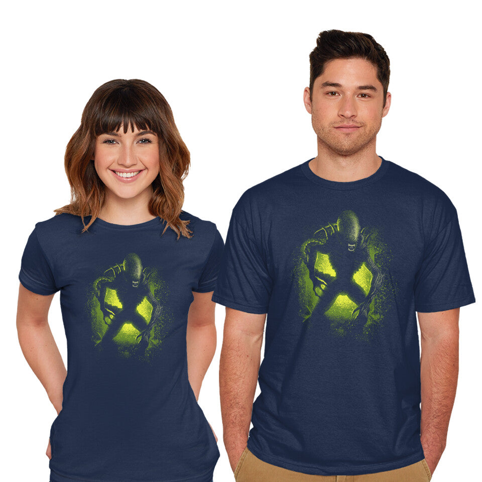Model wearing navy Countdown – Sci-Fi Graphic T-Shirt